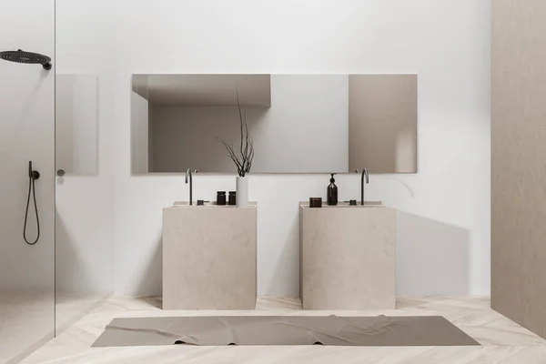 Intérieur Salle Bain Blanche Avec Double Lavabo Grand Miroir Serviette — Photo