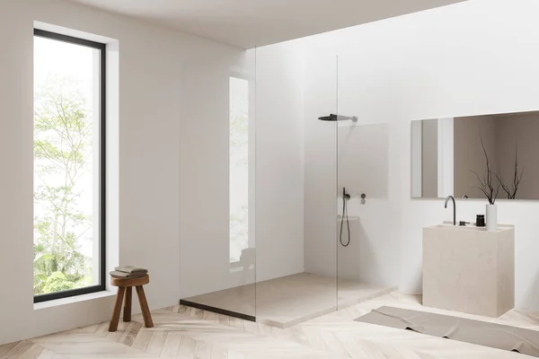 Bílá Koupelna Interiér Sprchou Umyvadlem Příslušenstvím Palubě Boční Pohled Podlaha — Stock fotografie