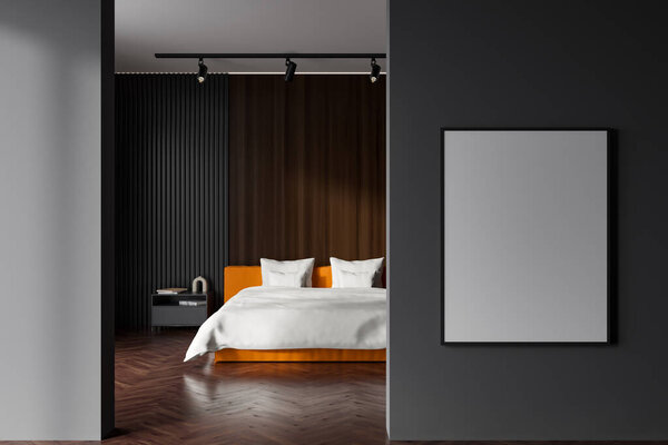 Dark bedroom interior, bed with nightstand and art decoration, hardwood floor. Modern hotel apartment with sleep area. Mock up canvas poster. 3D rendering