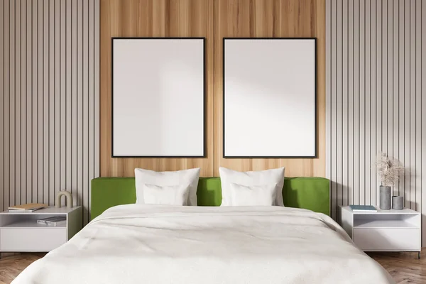 Wooden Bedroom Interior Bed White Linens Nightstand Minimalist Art Decoration — Stock Photo, Image