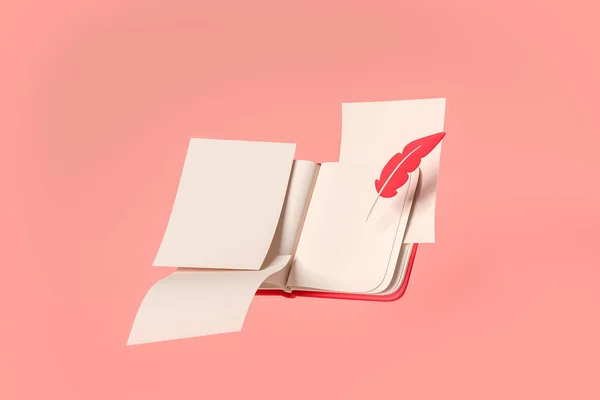 Open book with feather on pink background. Concept of science, literature and art. Mockup copy space. 3D rendering