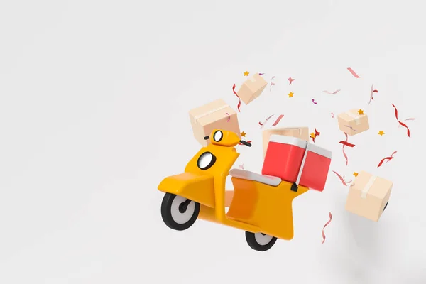 ライトの背景にギフト小包と黄色のスクーター 休日やプレゼントの概念 コピースペース 3Dレンダリング — ストック写真