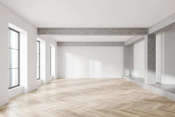 白色的工作室内部有硬木地板 前视图 空旷的开放空间大厅在公寓与全景窗口的新加坡城市景观 没有家具 没有人 3D渲染 — 图库照片