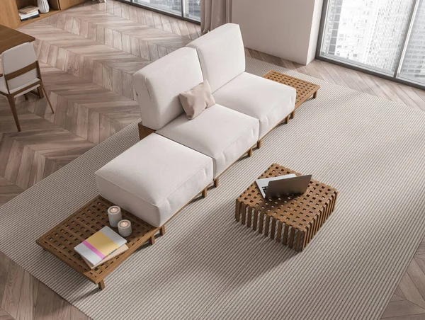 Top view on bright living room interior with coffee table, sofa, laptop, table with chair, white wall, panoramic window, oak wooden hardwood floor, carpet. Concept of minimalist design. 3d rendering