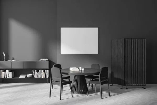 Front View Sötét Étkező Belső Üres Fehér Poszter Asztal Fotelekkel — Stock Fotó