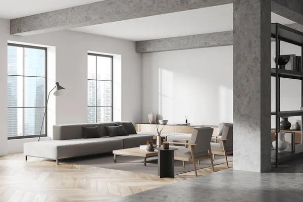 Interior Ruangan Dingin Putih Dengan Sofa Dan Kursi Tampilan Samping — Stok Foto