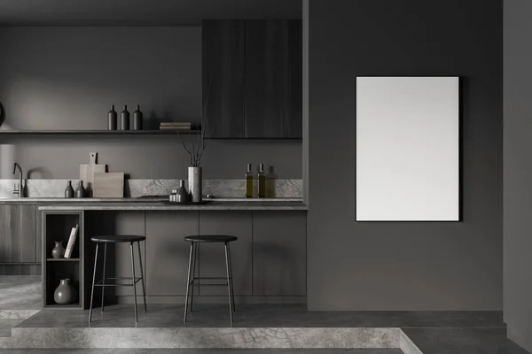Dark Kitchen Interior Bar Chars Island Grey Concrete Podium Kitchenware — Stock Photo, Image