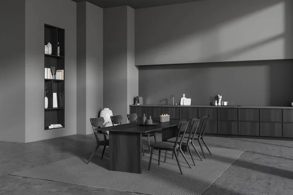 Vista Canto Interior Sala Cozinha Escura Com Mesa Jantar Cadeiras — Fotografia de Stock