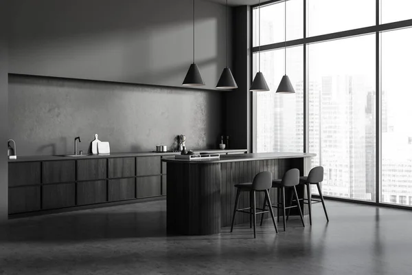 Corner View Dark Kitchen Room Interior Island Barstools Cupboard Grey — Stock Photo, Image