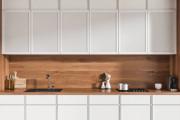 Beyaz Mutfak Içi Lavabo Soba Minimalist Mutfak Gereçleriyle Dolu Modern — Stok fotoğraf