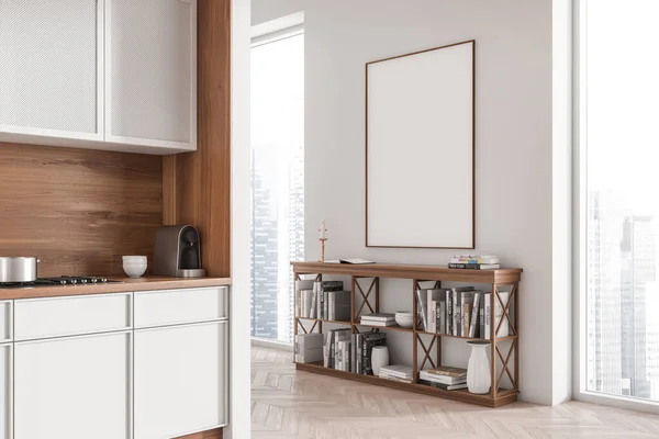 Witte Keuken Interieur Met Dressoir Kunst Decoratie Zijaanzicht Dek Met — Stockfoto