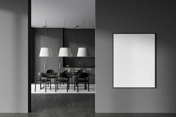 在黑暗的厨房室内的前面 有空白的白色海报 六把扶手椅 灰色的墙壁 混凝土地面 简约设计的概念 把它弄坏了3D渲染 — 图库照片