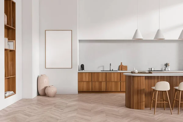Vista Frontal Sobre Interior Sala Cozinha Brilhante Com Cartaz Branco — Fotografia de Stock