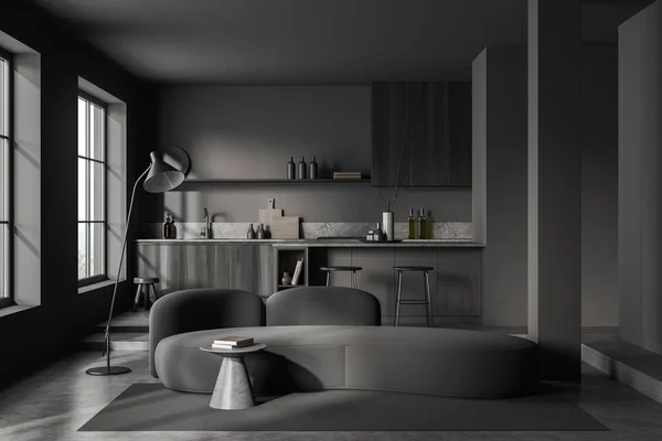 Dark Kitchen Interior Lounge Zone Sofa Bar Chairs Island Open — Stock Photo, Image