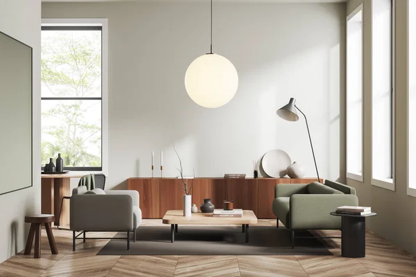 明亮客厅内部的侧视图 有咖啡桌 扶手椅 空绿墙 橡木硬木地板 简约设计的概念 把它弄坏了3D渲染 — 图库照片