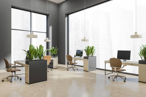 Donker Coworking Interieur Met Fauteuils Zijaanzicht Beige Betonnen Vloer Moderne — Stockfoto