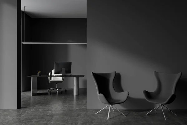 Front View Dark Office Interior Table Desktop Empty Grey Wall — Stock Photo, Image