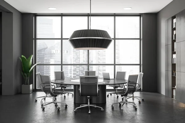 Dark Conference Room Interior Armchairs Table Shelf Documents Grey Concrete — Stock Photo, Image