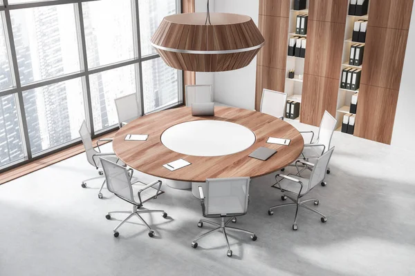 Draufsicht Auf Den Weißen Konferenzraum Mit Sesseln Und Rundem Tisch — Stockfoto