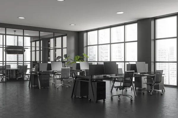 Σκούρο Εσωτερικό Coworking Δωμάτιο Πολυθρόνες Και Υπολογιστή Πλευρική Άποψη Συνεδριακός — Φωτογραφία Αρχείου