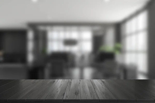 Holzschreibtisch Vordergrund Hintergrund Verschwommenes Coworking Interieur Mit Sesseln Und Loft — Stockfoto