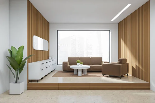 Interior Sala Estar Branca Com Sofá Mesa Café Pódio Aparador — Fotografia de Stock