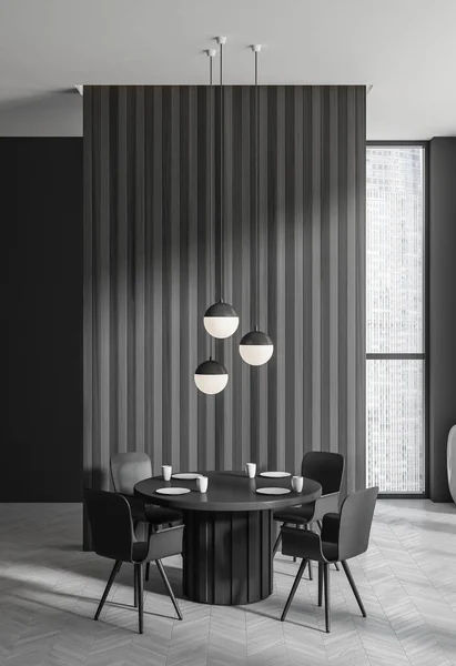 Dark Living Room Interior Dining Table Chairs Grey Hardwood Floor — Stock Photo, Image