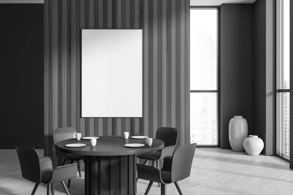 Dark Living Room Interior Dining Table Chairs Grey Hardwood Floor — Stock Photo, Image