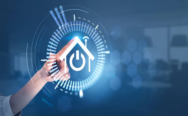 Businesswoman Finger Touch Glowing House Hud Button Binary Connection Concept — Stock Photo, Image