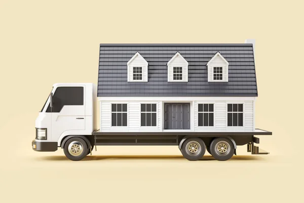大きな家で白い配達車 ベージュの背景にサイドビュー 移動と移転の概念 3Dレンダリング — ストック写真