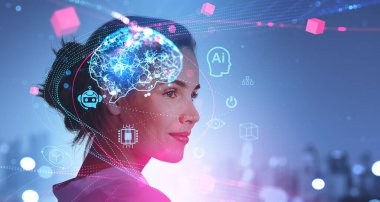 İş kadını portresi silueti ve yapay zeka ve sanal hologramla yapay zeka ve engelleme ikonları. Makine öğrenme ve teknoloji kavramı