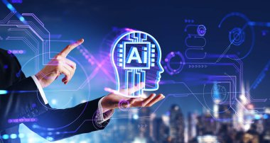 İş adamı parmağı dokunuşu, yapay zeka baş gövdesi hologramı, iş silueti çift pozlama. Yapay zeka, iş ve gelecek teknolojisi. Makine öğrenme kavramı