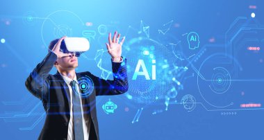 VR kulaklıklı bir iş adamı, sanal ekrana, sohbet robotlu yapay zeka hologramı ve internet iletişimi olan dijital teknoloji hatlarıyla dokunuyor. Yapay zeka ve metaevren kavramı