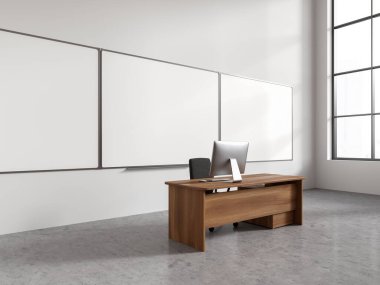Beyaz duvarlı modern kolej sınıfının içi, üç tane beyaz tahta ve ahşap profesör masası. 3d oluşturma