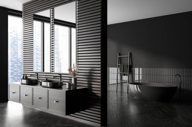 Modern banyonun köşesinde gri ve ahşap duvarlar, koyu ahşap zemin, rahat çift lavabo ve arka planda rahat gri küvet. 3d oluşturma