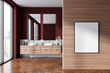 Kırmızı ve ahşap banyo döşemesi çift lavabo, ahşap dolap ve otel aksesuarları, ahşap zemin. Gökdelenlerin panoramik penceresi. Bölümdeki tuval posterini taklit et. 3B görüntüleme