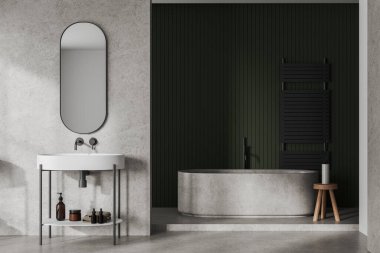 Tuvaletin içi lavabo ve küvetle dolu. Kürsüde tabure, demiryolu merdiveni ve dallı vazo var. Minimalist banyo alanı ve açık beton zemin. 3B görüntüleme