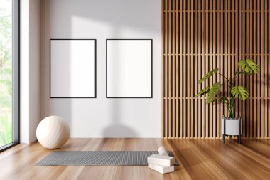 Ahşap ve beyaz spor salonu döşemesi ve ahşap zemin döşemesiyle, tropiklerin panoramik penceresiyle. Spor salonu ve iki tane tuval posterleri. 3B görüntüleme