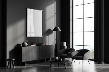 İki koltuk ve sehpası olan karanlık bir oturma odası, kırsal alanda panoramik pencere. Siyah ahşap büfe ve tuval posteri. 3B görüntüleme