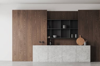 Taş bar adası olan şık bir mutfak, raflarda modern mutfak gereçleri olan bir soba ve lavabo. Minimalist tasarımı olan modern ev yemeği bölgesi. 3B görüntüleme