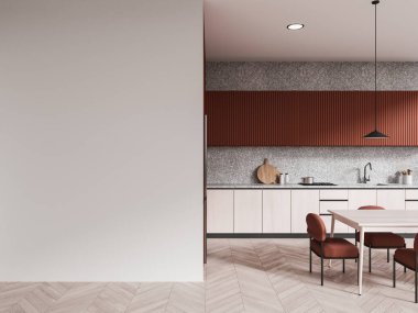 Yemek masası, sandalyeler, ahşap döşemeler. Modern mobilyalarla yemek ve yemek pişirme alanı ve boş duvarlar. 3B görüntüleme