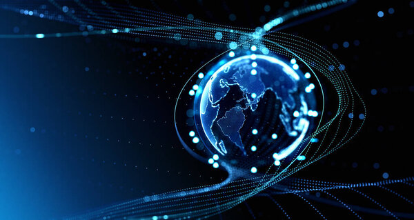 Glowing earth globe and online network connection, cyberspace and digital tech waves. Concept of metaverse and virtual reality. 3D rendering illustration