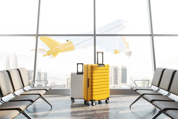 의자와 노란색 공항의 노란색 비행기가 여행에 개념이다 렌더링 — 스톡 사진