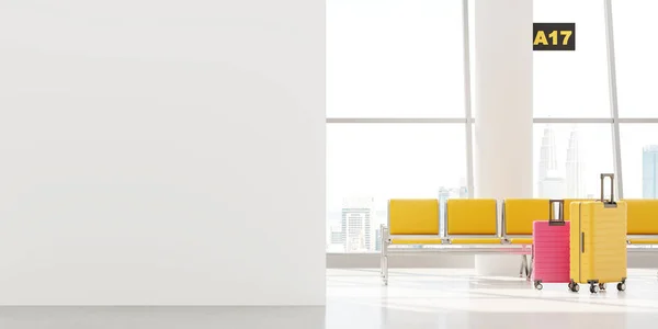 空港待合所 黄色の座席と2つのスーツケース クアラルンプールの高層ビルのパノラマの窓 旅行や観光の概念 モックアップ空の壁のパーティション 3Dレンダリング図 — ストック写真