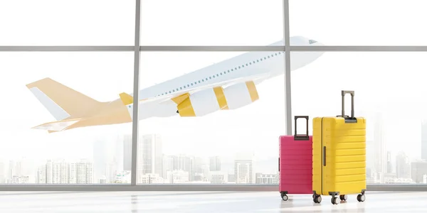 大きな窓 ピンクと黄色のスーツケースと白と黄色の飛行機で空港のビュー 観光や旅行の概念 3Dレンダリング — ストック写真