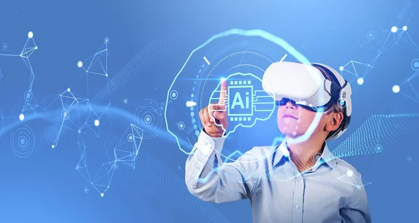 Niño Gafas Dedo Tocando Brillante Digital Cerebro Hud Holograma Chip —  Fotos de Stock