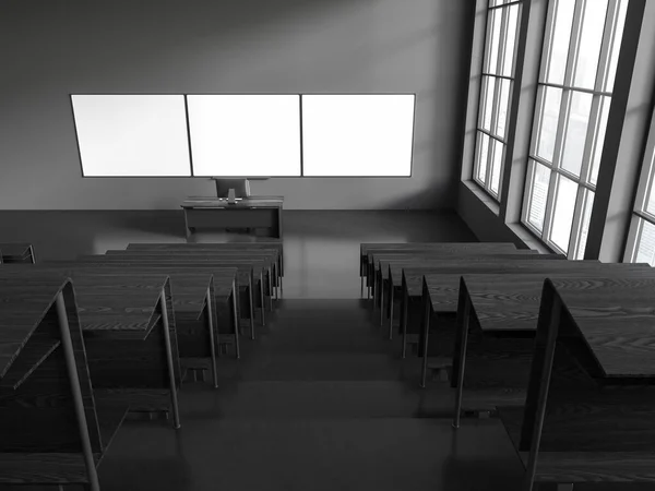全景黑暗教室内部与教师书桌与个人电脑 长椅排成一排 模拟复制空间空黑板 摩天大楼上的全景窗户 3D渲染 — 图库照片