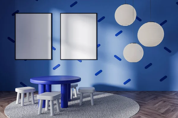 Azul Casa Sala Estar Interior Com Mesa Jantar Bebê Banquinho — Fotografia de Stock