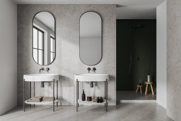 现代浴室的内部有白色和混凝土墙 混凝土地面 双水池与两个椭圆形的镜子和步行淋浴 3D渲染 — 图库照片