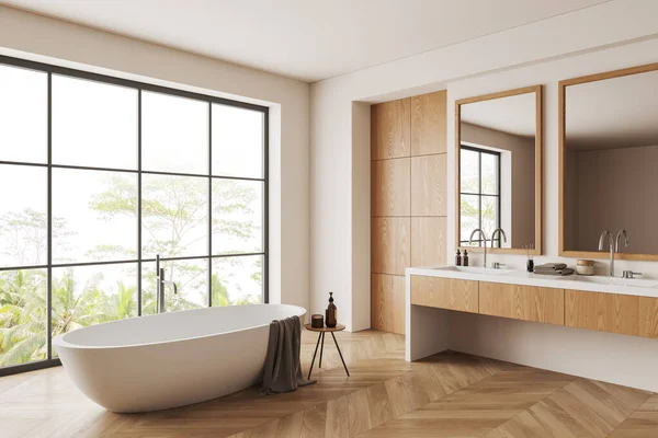 现代浴室的拐角处 有白色和木制墙壁 木制地板 双层水池 有镜子和舒适的白色浴缸 3D渲染 — 图库照片